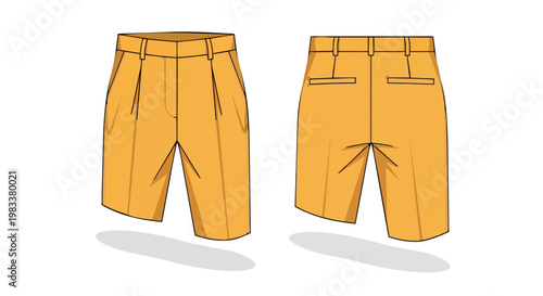 Technical flat sketch of tailored yellow shorts featuring front pleats and back pockets, ideal for fashion design