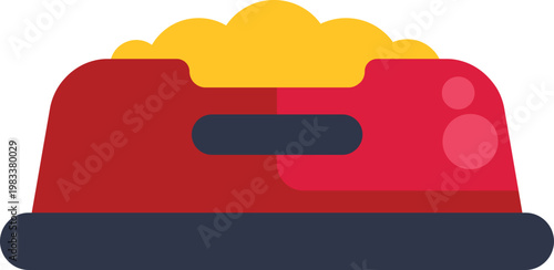 Red pet bowl containing dry food for domestic animals