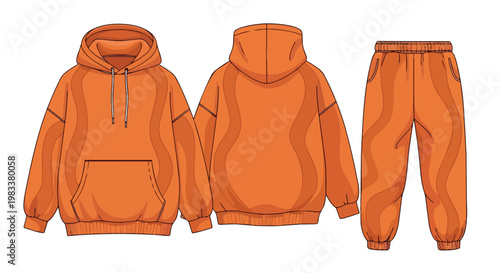 A vibrant orange two-piece casual set, showcasing a comfortable hooded sweatshirt with a front pocket and elasticated joggers, designed for ultimate