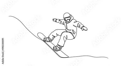 One line drawing of a person snowboarding down a slope
