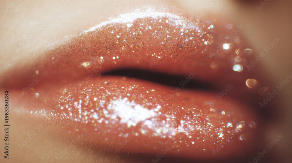 Fototapeta premium Close-up of shiny lips covered in glitter during a makeup session