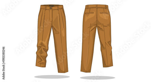 Vector graphic of brown tailored trousers, presenting both front and back views, ideal for fashion design and apparel concept development.