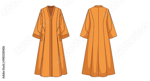 Minimalist orange long coat design flat illustration showcasing front and back views for fashion projects