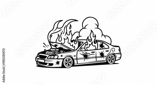 Detailed illustration of a car engulfed in flames with bullet holes