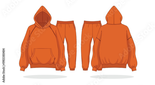 Complete orange athletic leisurewear ensemble showcasing both front and rear perspectives of a comfortable hooded sweatshirt and matching jogger