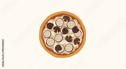 Flat illustration of a pizza with circular onion slices and mushroom pieces