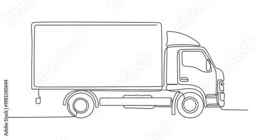 Minimalist one-line drawing of a box truck with a cargo container and cab