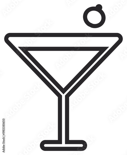 Minimalist black vector icon of a classic martini cocktail glass with a garnish olive on a toothpick, isolated on a white background. Scalable graphic illustration for bar, lounge, or menu design.