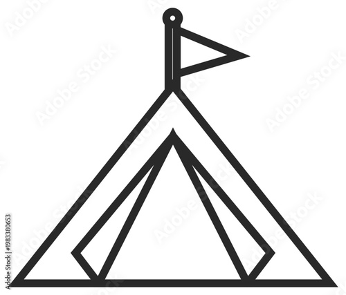 Minimalist black vector icon of a camping tent with a small flag on top, clean silhouette illustration for outdoor adventure, hiking, travel, and leisure concepts, isolated on white background.