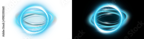 PNG image of Glowing blue circular light ring with dynamic motion swirls and sparkling particles displayed as an effect on transparent background