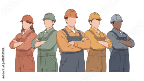 Construction Crew United: A diverse group of construction workers stand united, arms crossed, embodying strength and teamwork. Highlighting dedication and skill.