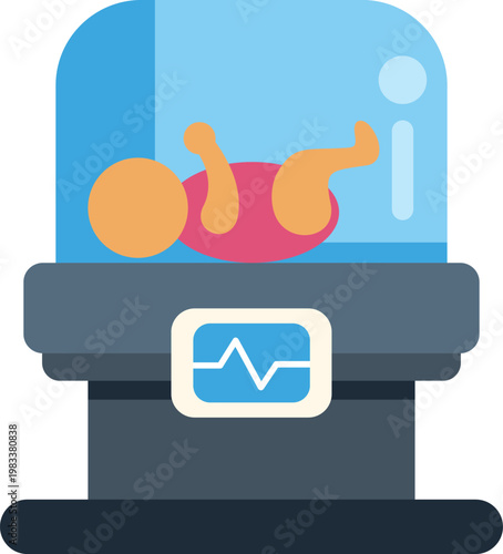 Newborn infant resting inside a medical incubator with vital signs displayed