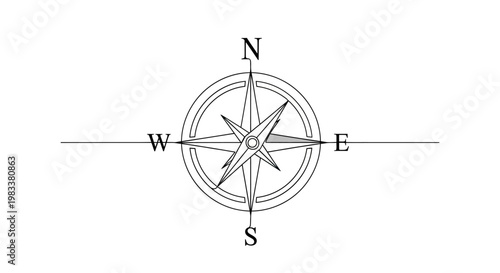 Black and white illustration of a compass rose with directional text