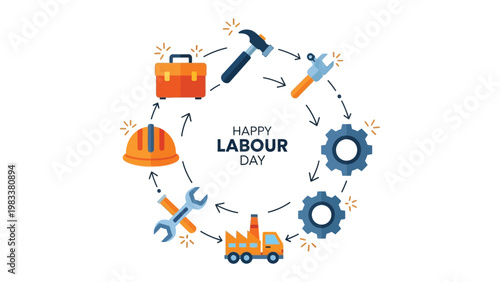 Labour Day Celebration: A vibrant circular arrangement celebrates Labor Day, showcasing essential tools and symbols of hard work and dedication, all culminating in a festive display.