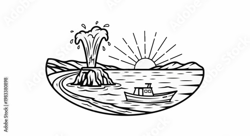 Geyser erupting with sun setting over water and a boat