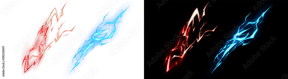 Obraz premium PNG image of&nbsp;Two vibrant, dynamic, abstract lightning energy burst effects in glowing red and electric blue, perfect for game design on transparent background.