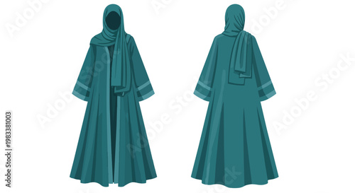 Modern teal abaya and matching hijab, front and back views, embodying elegant modest fashion design