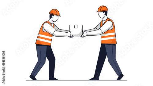 Collaboration in Logistics: Two workers, dressed in safety gear, engage in a smooth package transfer, symbolizing teamwork in the distribution process.