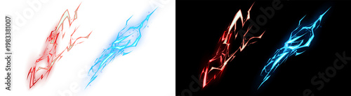 PNG image of Two vibrant, dynamic, abstract lightning energy burst effects in glowing red and electric blue, perfect for game design on transparent background.
