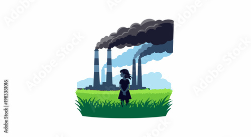 Girl in field facing smoke stacks with dark clouds