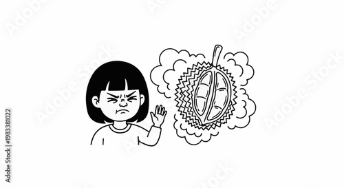 Girl recoiling from strong smell of durian fruit