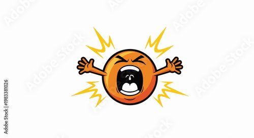 Exaggerated orange sphere character with arms raised, screaming with yellow energy lines