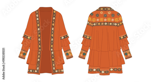 Terracotta Bohemian Jacket Design with Intricate Floral and Geometric Trim Details