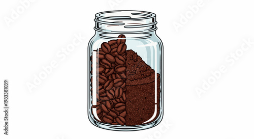 Glass jar filled with whole coffee beans and grounds
