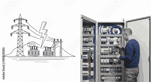 Electrical transmission tower, transformers, lightning, and technician at control panel