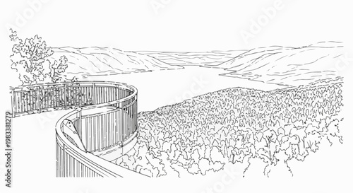 Elevated wooden walkway overlooks a tranquil lake and rolling hills, with foliage