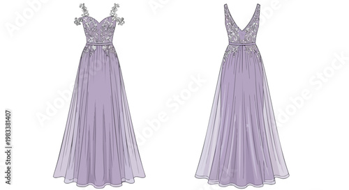 Elegant lavender evening gowns with delicate embellishments showcasing refined fashion concepts