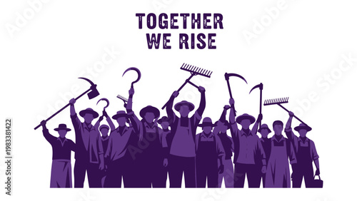 United Rise: A silhouette of determined figures, united in their purpose, raise tools towards the sky, symbolizing unity, strength, and collective action.