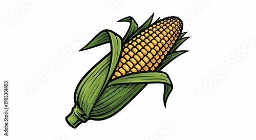 Golden corn cob with green husks, illustrative style