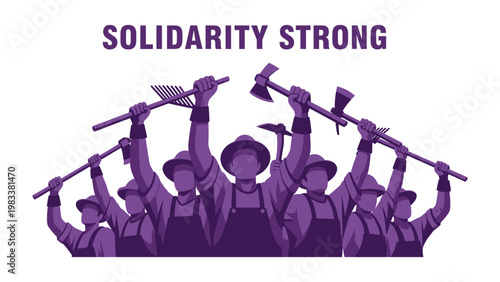 Solidarity Strong: A symbol of unity and strength as silhouettes of individuals raise tools high in a display of solidarity