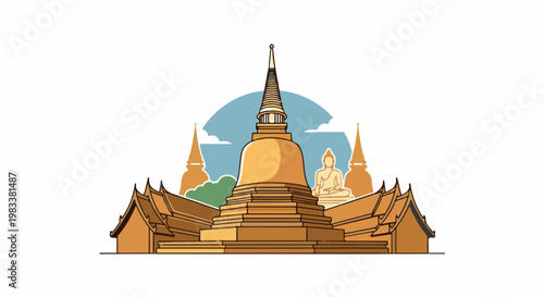 Golden stupas and a serene Buddha statue against a sky backdrop