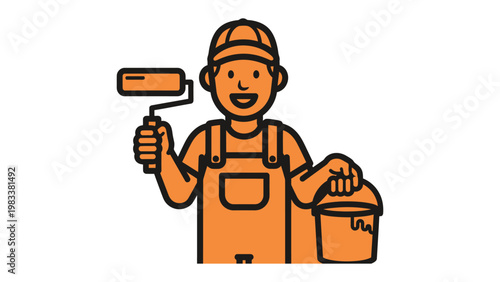 Painter's Craft: An illustrated painter, smiling confidently, holds a paint roller and a bucket, embodying the essence of skillful home improvement and creative interior design.