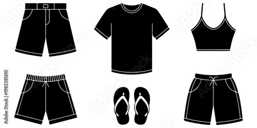 Minimal summer clothing icon set including t shirts tank tops shorts and flip flops in flat black silhouette style for seasonal fashion