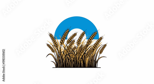 Golden wheat stalks with a blue crescent moon in the background