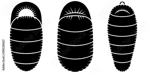 Minimal sleeping bag camping icon set in flat black silhouette style with outdoor gear designs for travel adventure and hiking concepts