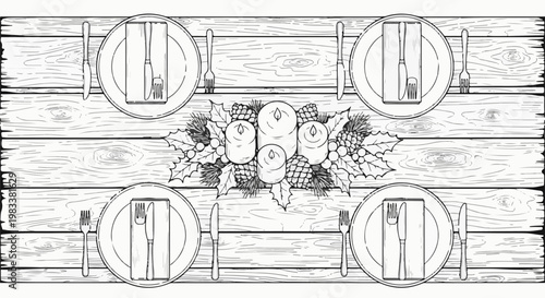 Festive table setting with candles and place settings on wood