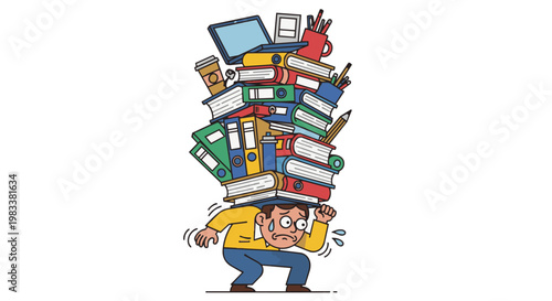 Overloaded businessman carrying heavy stack of books and office supplies in cartoon chaotic colorful illustration for business stress