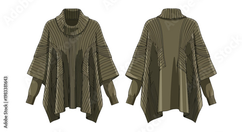 Earthy olive knit poncho sweater technical drawing with cowl neck and layered sleeves. Front and back views for fashion design. Unique textile