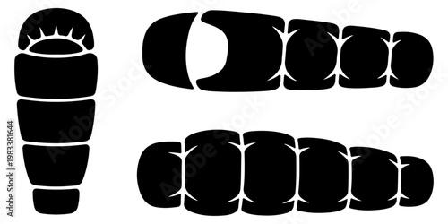 Minimal sleeping bag camping icon set in flat black silhouette style with outdoor gear designs for travel adventure and hiking concepts