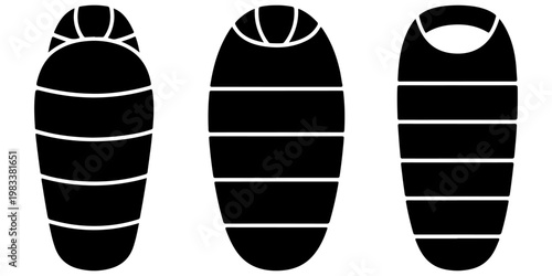 Minimal sleeping bag camping icon set in flat black silhouette style with outdoor gear designs for travel adventure and hiking concepts