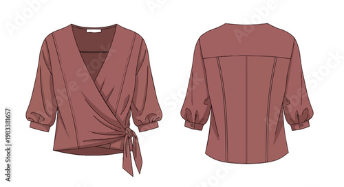 Stylish women's modern wrap blouse fashion technical drawing flat sketch showcasing front and back views with elegant puffed sleeves and a delicate