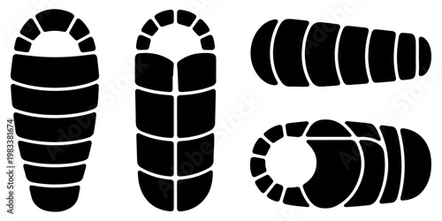 Minimal sleeping bag camping icon set in flat black silhouette style with outdoor gear designs for travel adventure and hiking concepts