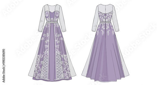 Elegant lavender formal gown fashion illustration showcasing a floor-length design with delicate white floral lace details and graceful sheer long