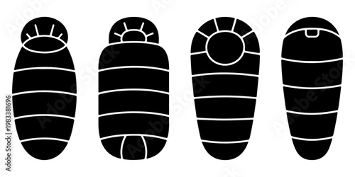 Minimal sleeping bag camping icon set in flat black silhouette style with outdoor gear designs for travel adventure and hiking concepts