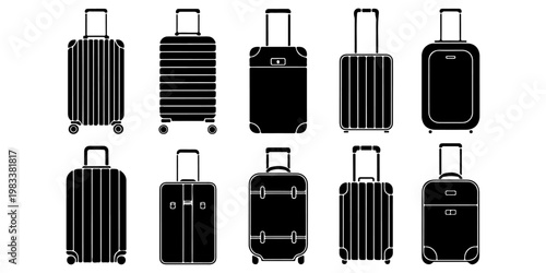Minimal travel suitcase luggage icon set in flat black silhouette style with different trolley bag designs for tourism and vacation concepts