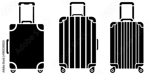 Minimal travel suitcase luggage icon set in flat black silhouette style with different trolley bag designs for tourism and vacation concepts